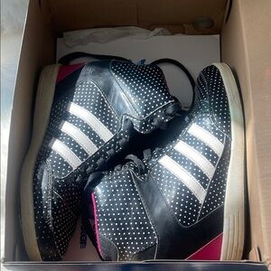 adidas Black Polka Dot High-Top Sneakers with White Stripes and Pink Accents